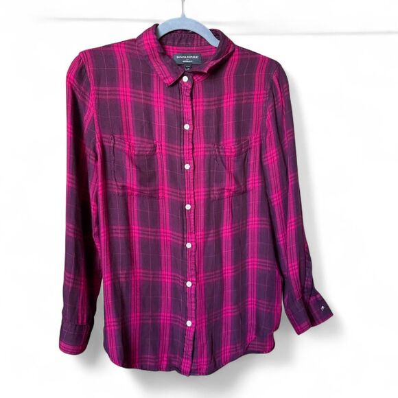 Banana Republic Women's Plaid Shirt Size Petite Medium Pink and Purple - Picture 1 of 5